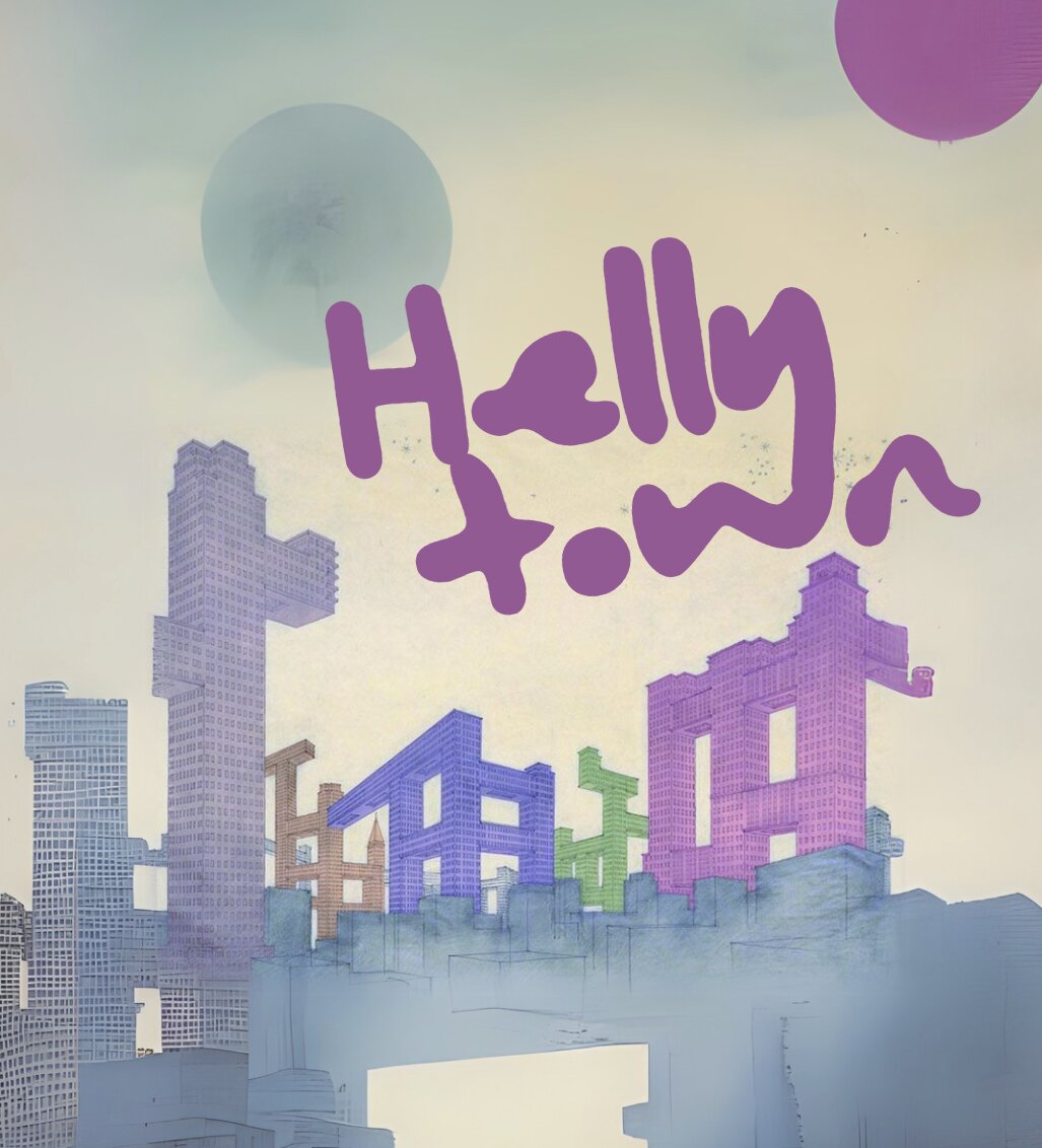 Hellytown — axonométrica coloreada de los volúmenes entrelazados sobre el perfil de la ciudad