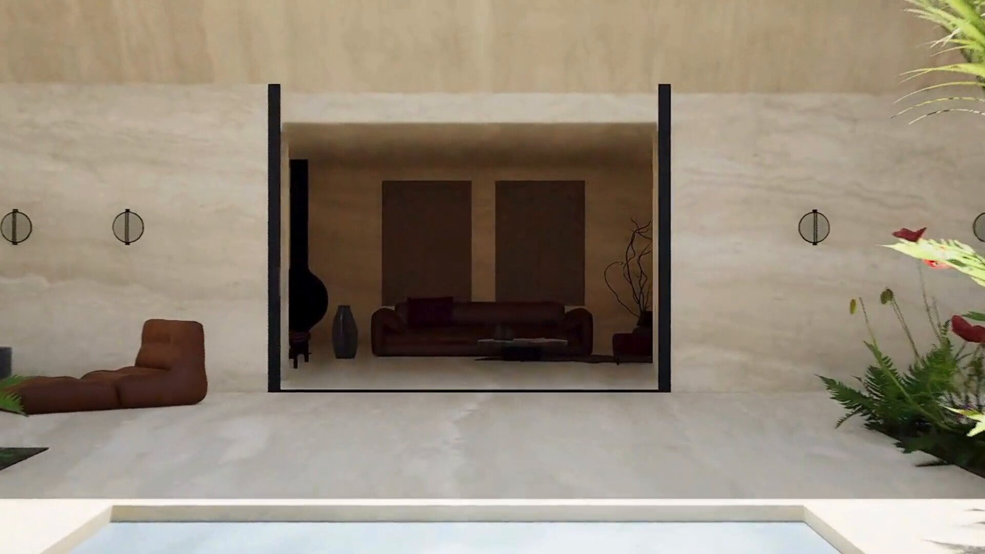 El salón de House for Sade abierto hacia la piscina, en la visualización de Unreal Engine