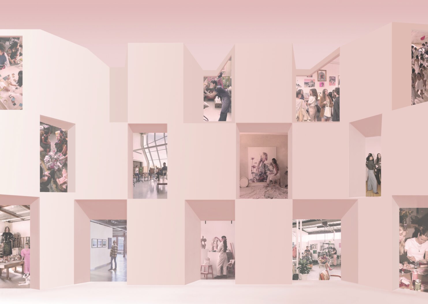 Montage of workshop, gallery and studio activities framed by the building’s openings