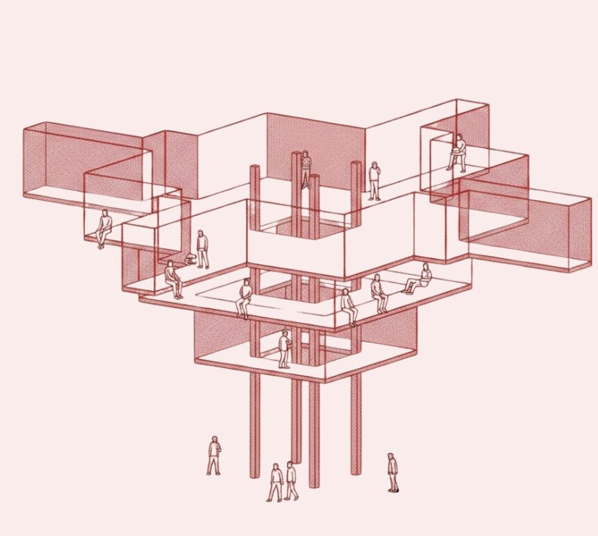 Axonometric diagram of the suspended glass pavilion structure