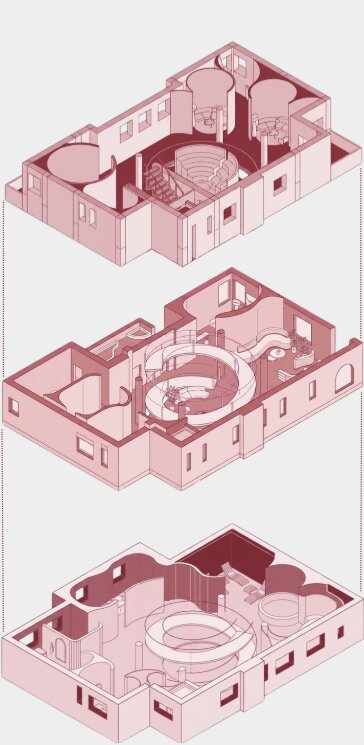 Stacked floor plans of The Syntra Collective, showing the helical staircase connecting each level